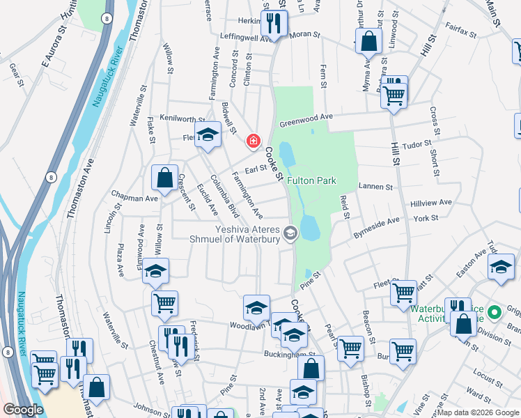 map of restaurants, bars, coffee shops, grocery stores, and more near 86 Farmington Avenue in Waterbury