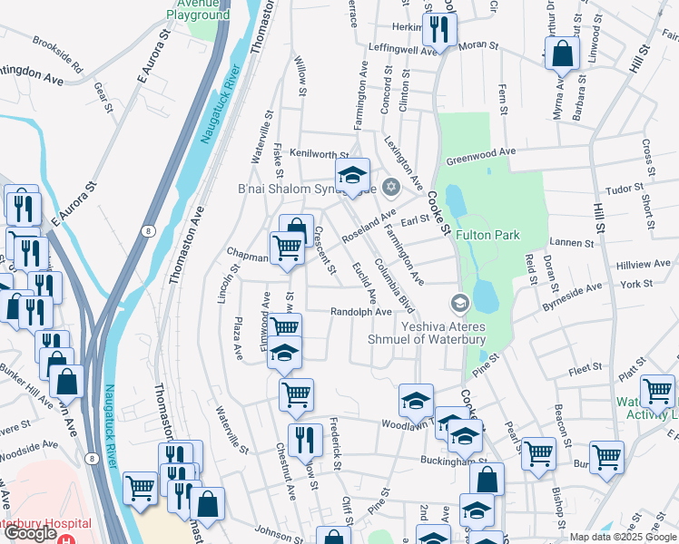 map of restaurants, bars, coffee shops, grocery stores, and more near 29 Crescent Street in Waterbury
