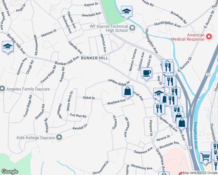 map of restaurants, bars, coffee shops, grocery stores, and more near 14 Arbutus Bend in Waterbury