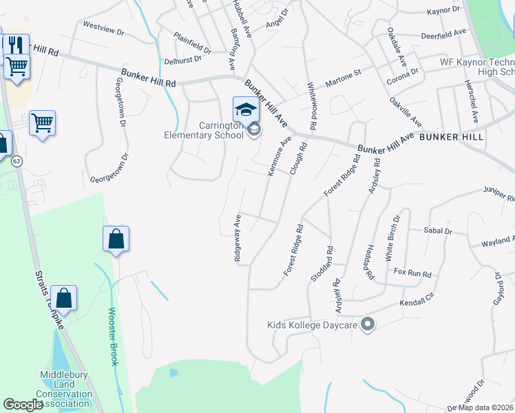 map of restaurants, bars, coffee shops, grocery stores, and more near 34 Regency Hill in Waterbury