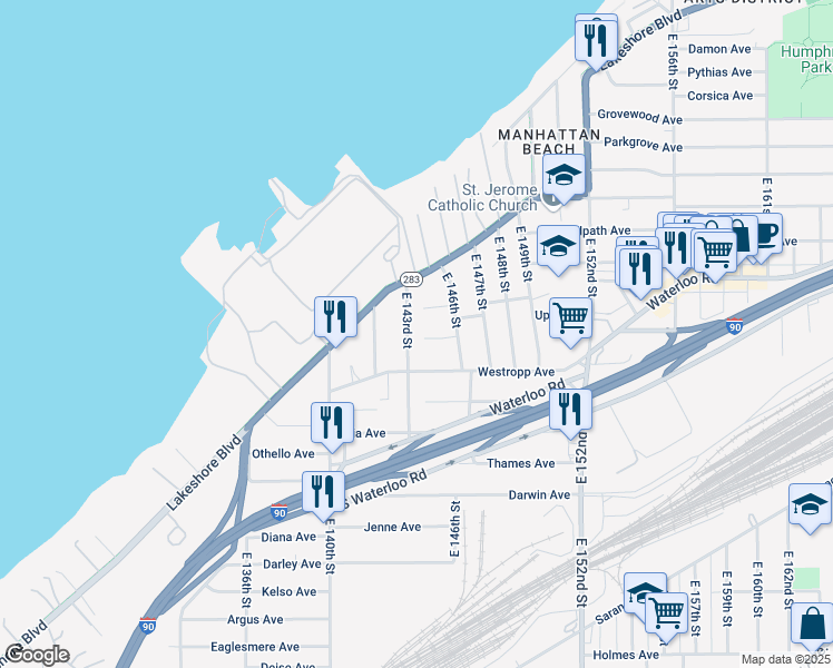 map of restaurants, bars, coffee shops, grocery stores, and more near 471 East 143rd Street in Cleveland