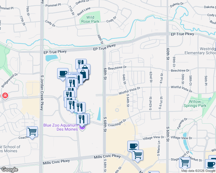 map of restaurants, bars, coffee shops, grocery stores, and more near in WDM
