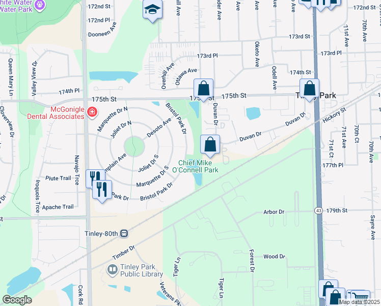 map of restaurants, bars, coffee shops, grocery stores, and more near 7743 Bristol Park Drive in Tinley Park
