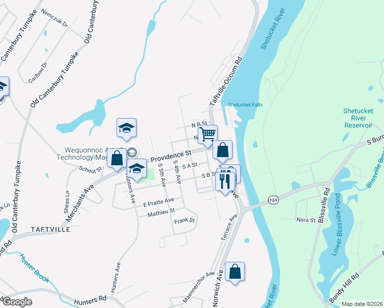 map of restaurants, bars, coffee shops, grocery stores, and more near 36 Providence Street in Norwich