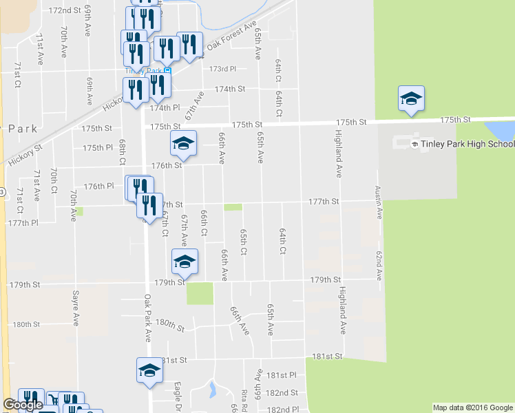 map of restaurants, bars, coffee shops, grocery stores, and more near 6501 177th Street in Tinley Park