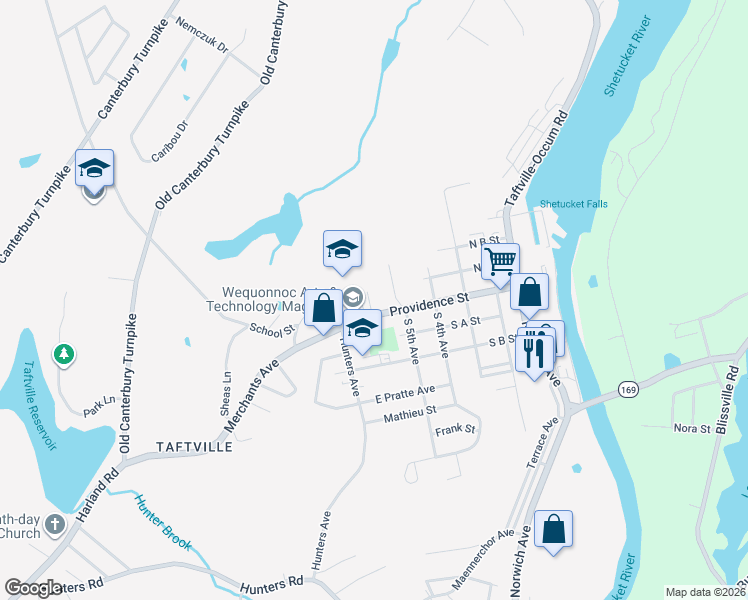 map of restaurants, bars, coffee shops, grocery stores, and more near 141 Providence Street in Norwich