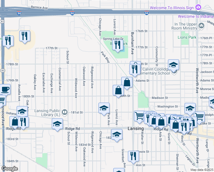 map of restaurants, bars, coffee shops, grocery stores, and more near 17922 Park Avenue in Lansing