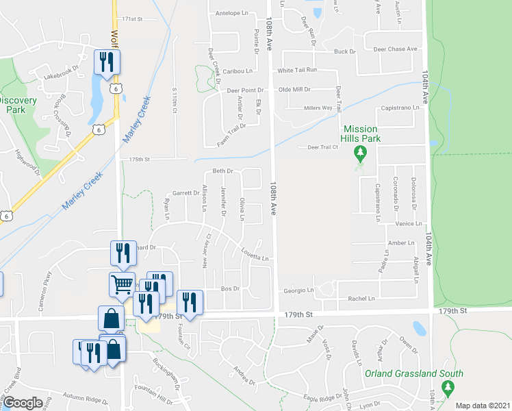 map of restaurants, bars, coffee shops, grocery stores, and more near 10819 Kimberly Lane in Orland Park