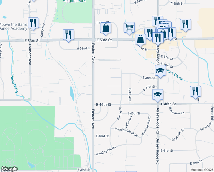 map of restaurants, bars, coffee shops, grocery stores, and more near 1900 East 47th Place in Davenport