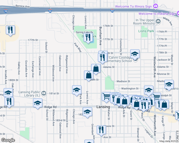 map of restaurants, bars, coffee shops, grocery stores, and more near 17921 Lorenz Ave in Lansing