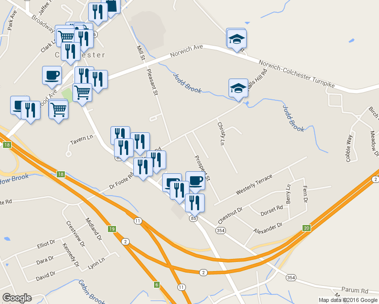 map of restaurants, bars, coffee shops, grocery stores, and more near 40 Prospect St in Colchester