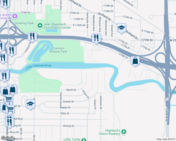 map of restaurants, bars, coffee shops, grocery stores, and more near 7909 North Dr in Highland