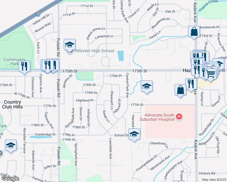 map of restaurants, bars, coffee shops, grocery stores, and more near 17631 Pheasant Lane in Country Club Hills