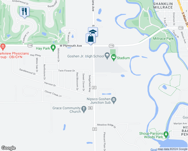 map of restaurants, bars, coffee shops, grocery stores, and more near 63835 County Road 21 in Goshen