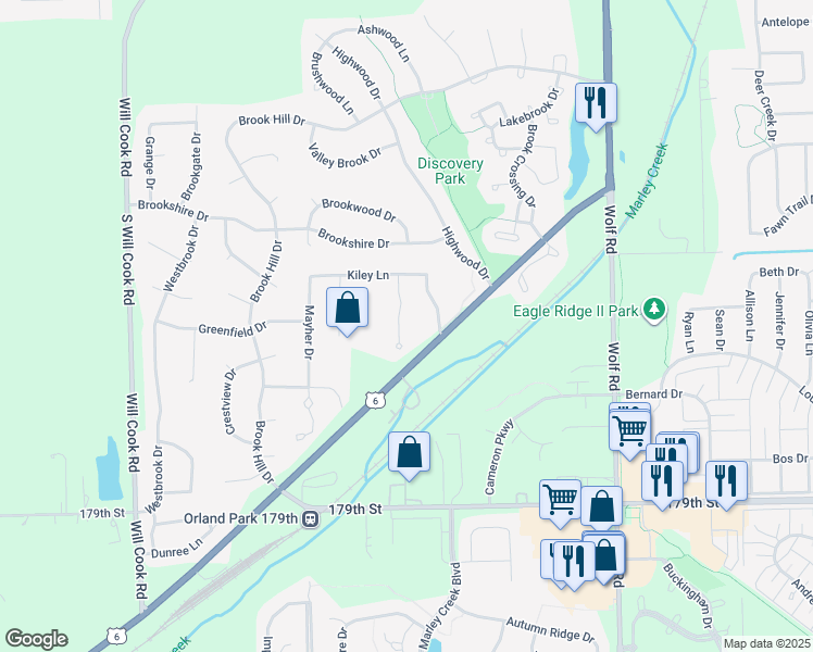 map of restaurants, bars, coffee shops, grocery stores, and more near 17609 Karli Lane in Orland Park