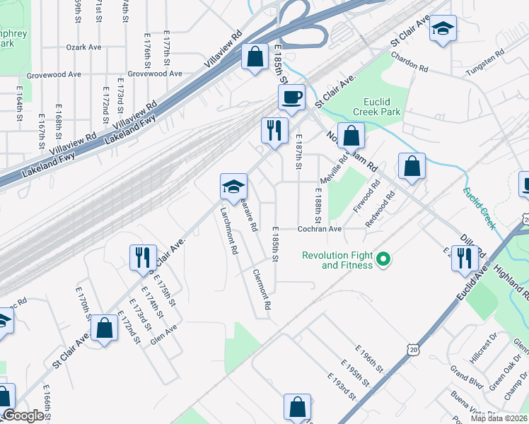 map of restaurants, bars, coffee shops, grocery stores, and more near 1381 Penhurst Road in Cleveland
