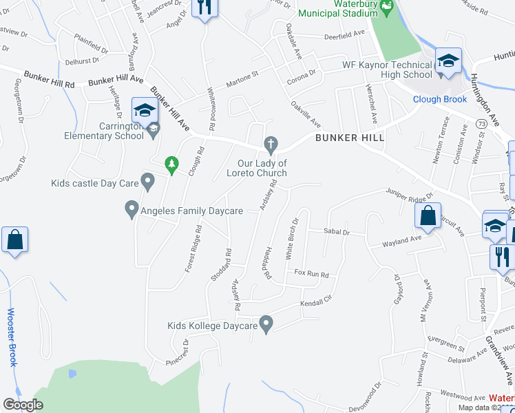 map of restaurants, bars, coffee shops, grocery stores, and more near 136 Ardsley Road in Waterbury