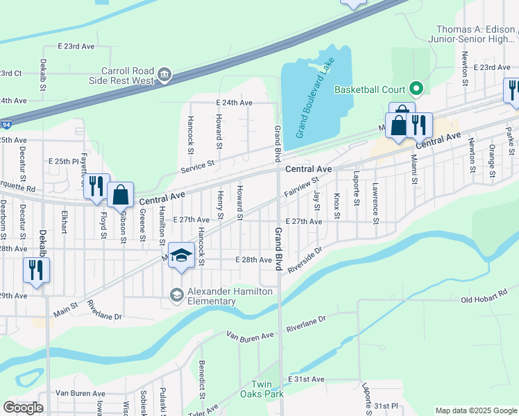 map of restaurants, bars, coffee shops, grocery stores, and more near Huntington Street in Lake Station