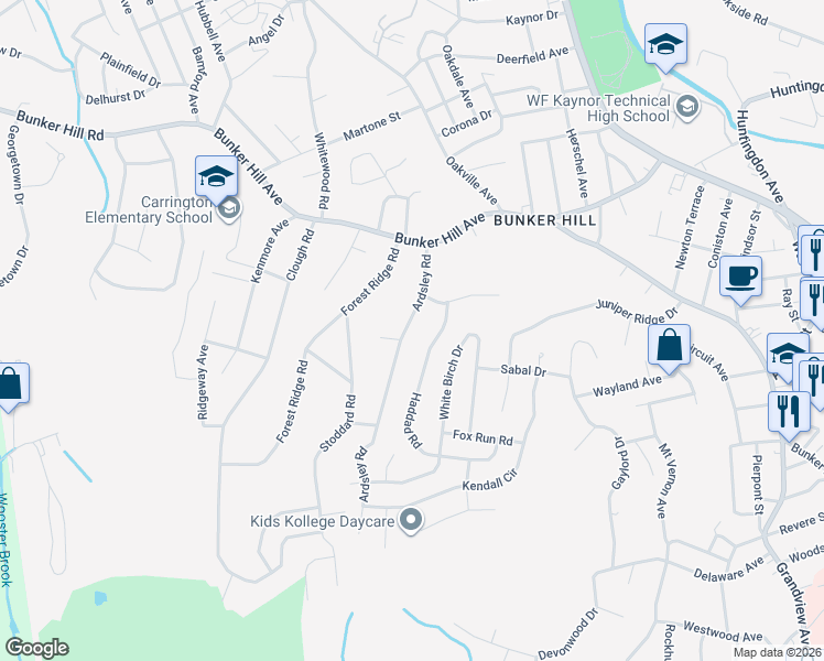 map of restaurants, bars, coffee shops, grocery stores, and more near 127 Ardsley Road in Waterbury