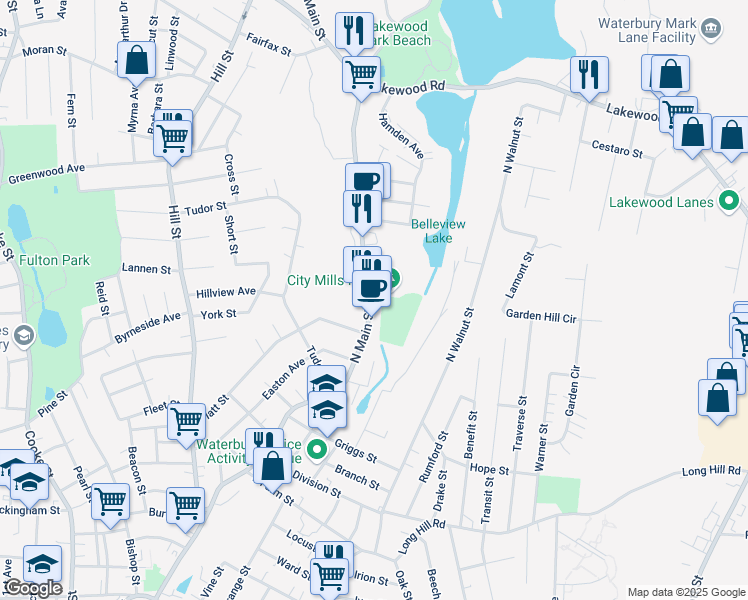 map of restaurants, bars, coffee shops, grocery stores, and more near 1352 North Main Street in Waterbury