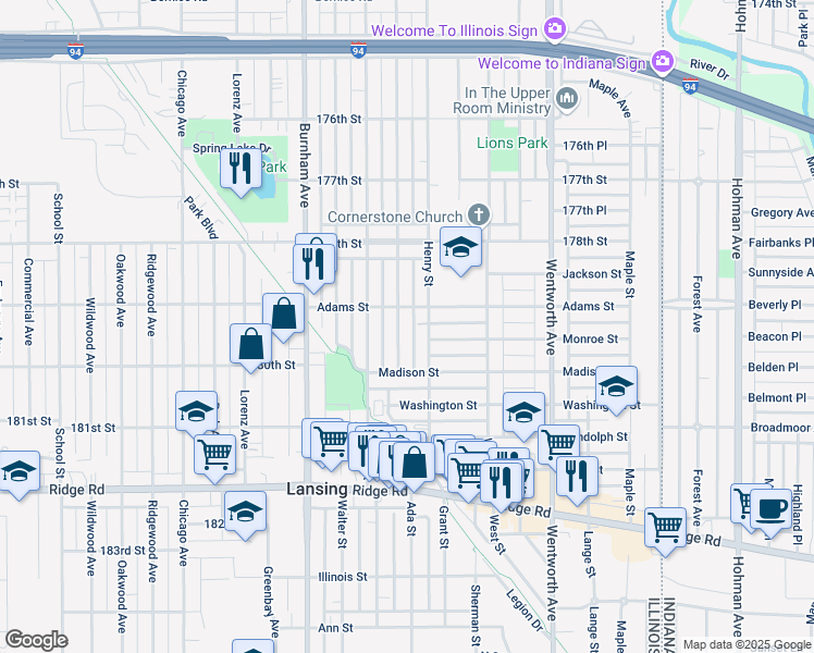 map of restaurants, bars, coffee shops, grocery stores, and more near 17917 Community Street in Lansing