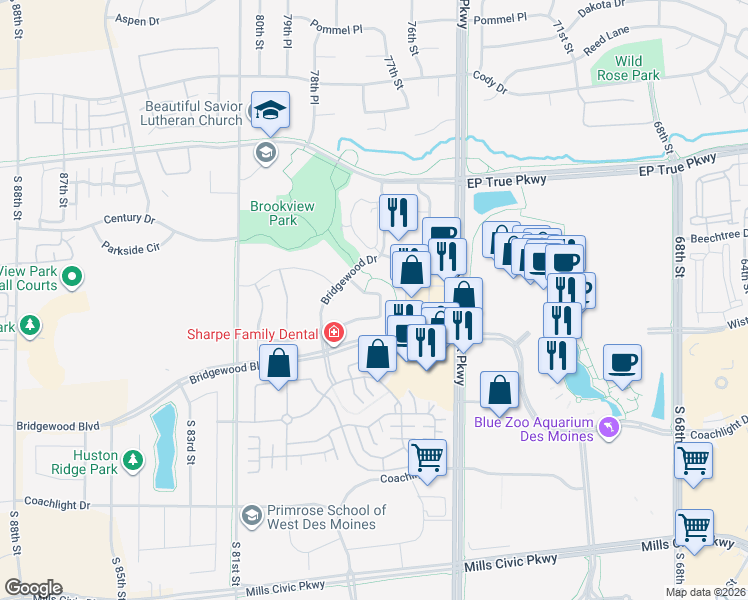 map of restaurants, bars, coffee shops, grocery stores, and more near 7732 Beechtree Lane in West Des Moines