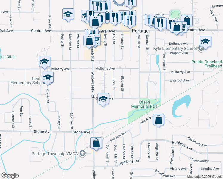 map of restaurants, bars, coffee shops, grocery stores, and more near 2840 Lois Street in Portage