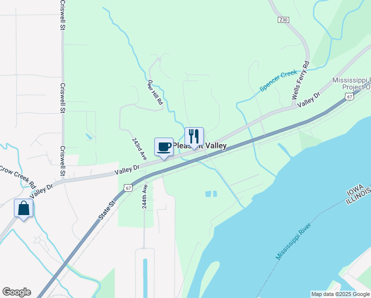 map of restaurants, bars, coffee shops, grocery stores, and more near 24540 Valley Dr in Bettendorf