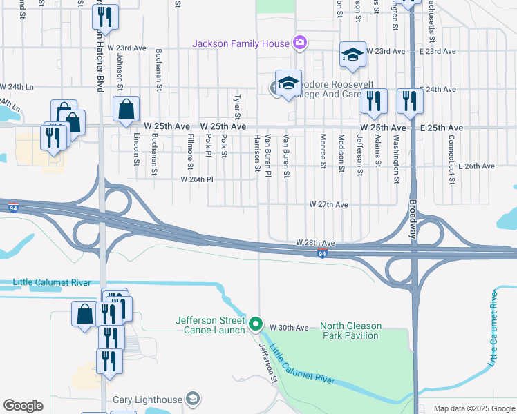 map of restaurants, bars, coffee shops, grocery stores, and more near 801 West 27th Avenue in Gary