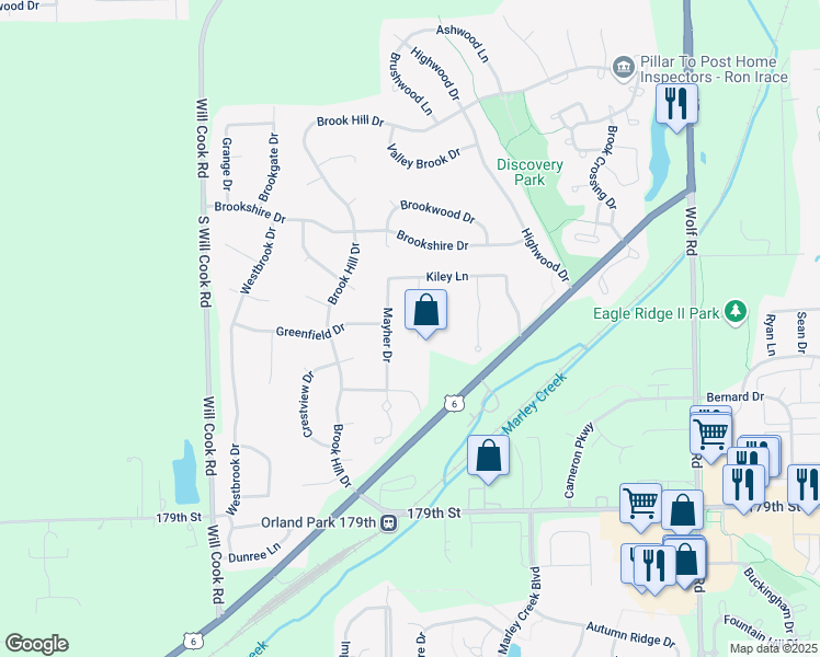 map of restaurants, bars, coffee shops, grocery stores, and more near 17600 Kelsey Lane in Orland Park