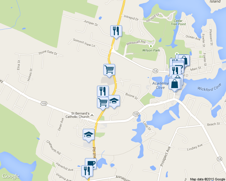 map of restaurants, bars, coffee shops, grocery stores, and more near 185 Tower Hill Road in North Kingstown