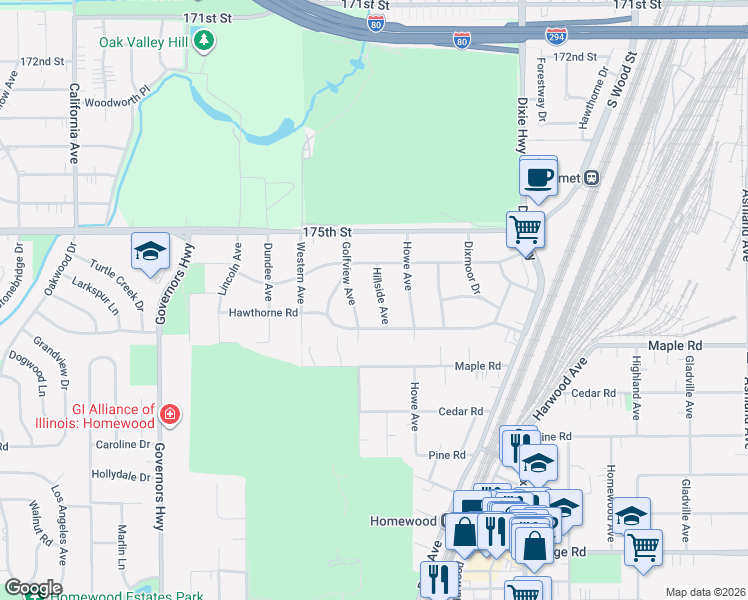 map of restaurants, bars, coffee shops, grocery stores, and more near 17614 Hillside Avenue in Homewood