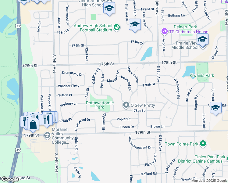 map of restaurants, bars, coffee shops, grocery stores, and more near 17618 Rosewood Ln in Tinley Park