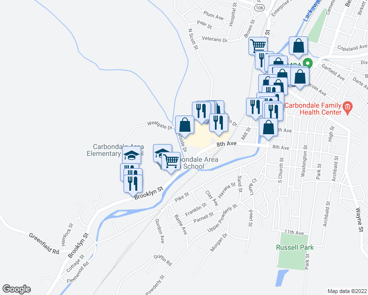 map of restaurants, bars, coffee shops, grocery stores, and more near 98 Westside Drive in Carbondale