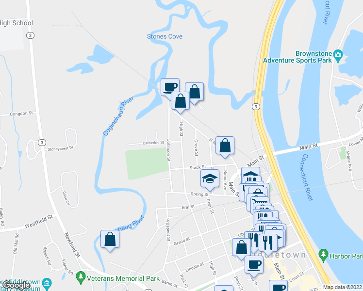 map of restaurants, bars, coffee shops, grocery stores, and more near 640 High Street in Middletown