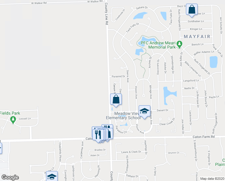 map of restaurants, bars, coffee shops, grocery stores, and more near 2663 Canyon Drive in Plainfield