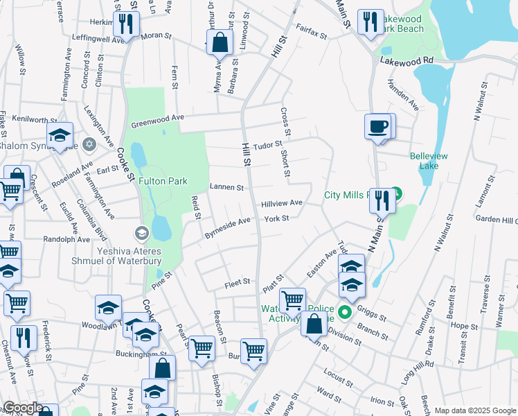 map of restaurants, bars, coffee shops, grocery stores, and more near 260 Hill Street in Waterbury