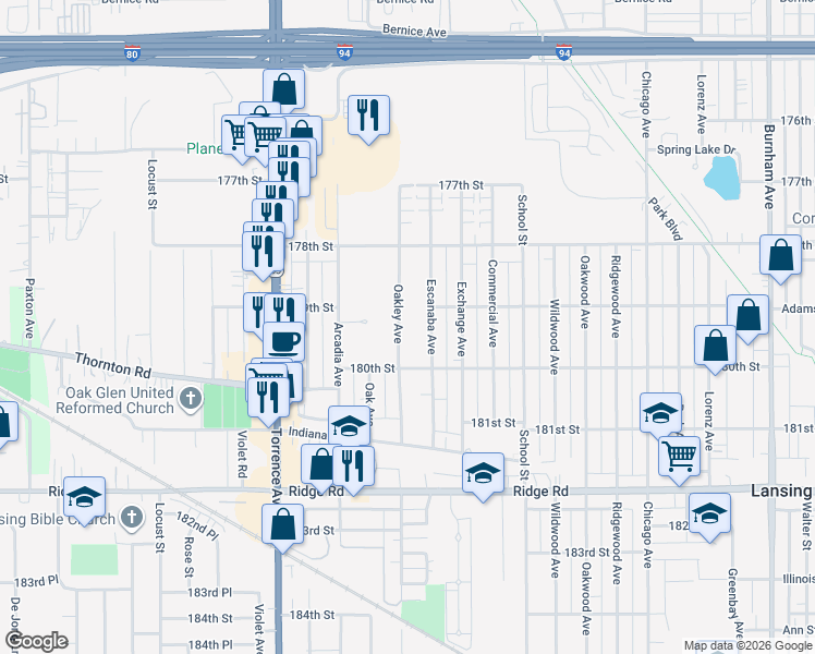 map of restaurants, bars, coffee shops, grocery stores, and more near 17921 Oakley Avenue in Lansing