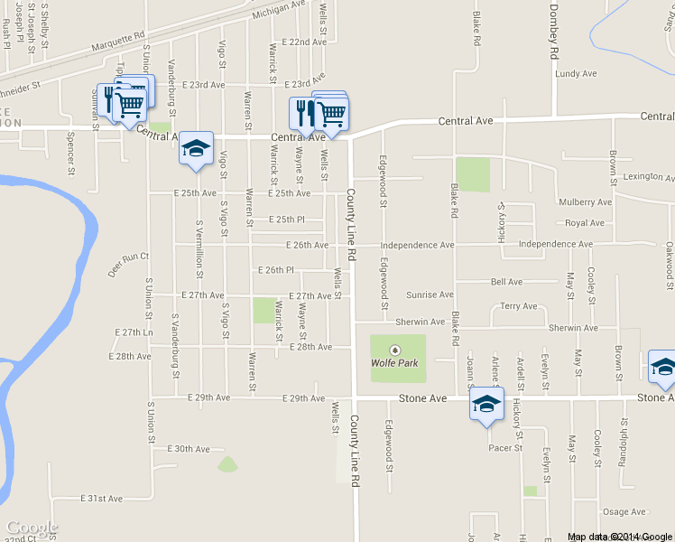 map of restaurants, bars, coffee shops, grocery stores, and more near 26th Place in Lake Station