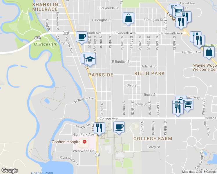 map of restaurants, bars, coffee shops, grocery stores, and more near 1407 South 9th Street in Goshen