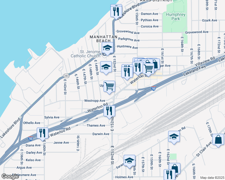 map of restaurants, bars, coffee shops, grocery stores, and more near 452 East 152nd Street in Cleveland