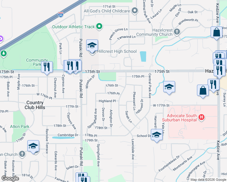 map of restaurants, bars, coffee shops, grocery stores, and more near 3750 176th Place in Country Club Hills