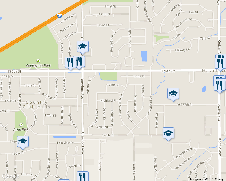 map of restaurants, bars, coffee shops, grocery stores, and more near 3750 176th Place in Country Club Hills