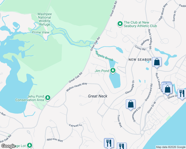 map of restaurants, bars, coffee shops, grocery stores, and more near 24 Finway in Mashpee