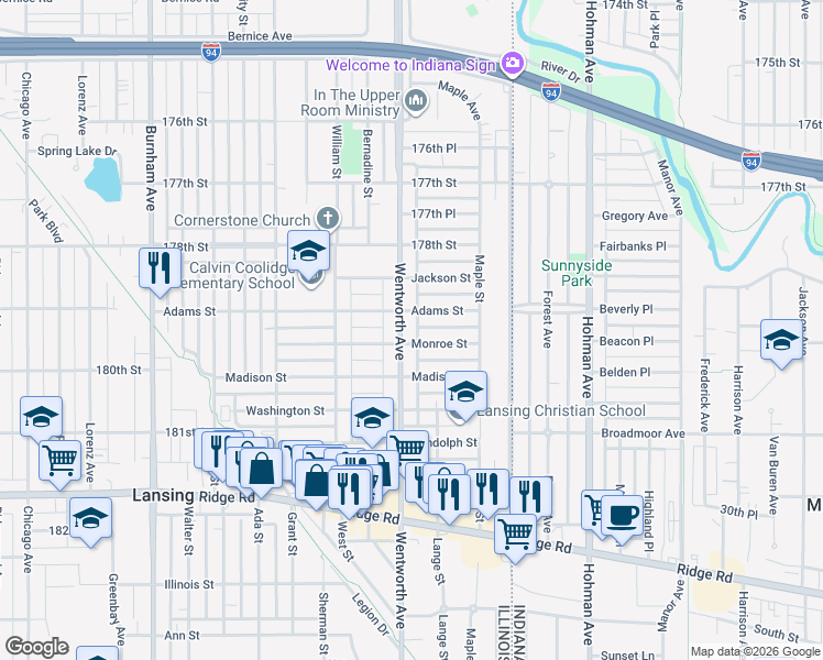 map of restaurants, bars, coffee shops, grocery stores, and more near 17917 Wentworth Avenue in Lansing