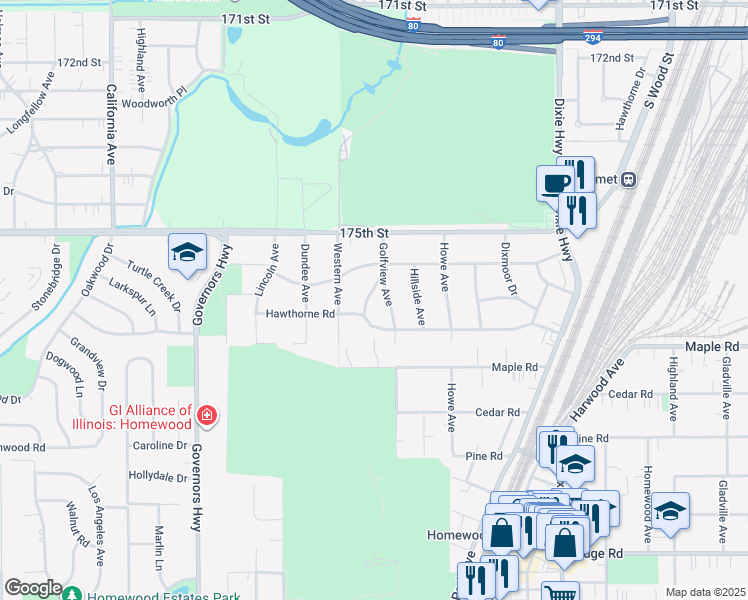 map of restaurants, bars, coffee shops, grocery stores, and more near 17609 Washington Avenue in Homewood