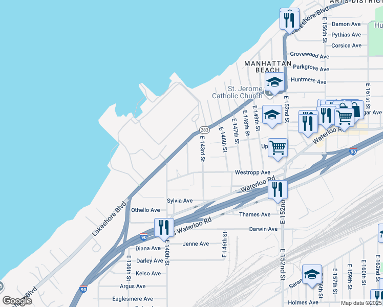 map of restaurants, bars, coffee shops, grocery stores, and more near 455 East 142nd Street in Cleveland