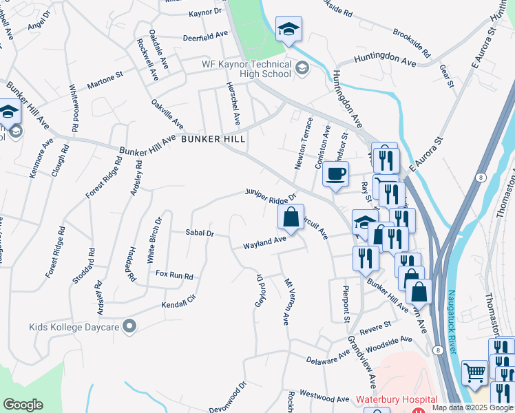 map of restaurants, bars, coffee shops, grocery stores, and more near 14 Arbutus Bend in Waterbury