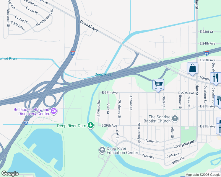 map of restaurants, bars, coffee shops, grocery stores, and more near 2675 Frye Street in Gary