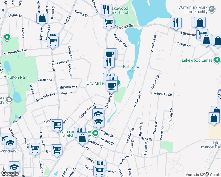 map of restaurants, bars, coffee shops, grocery stores, and more near 1352 North Main Street in Waterbury